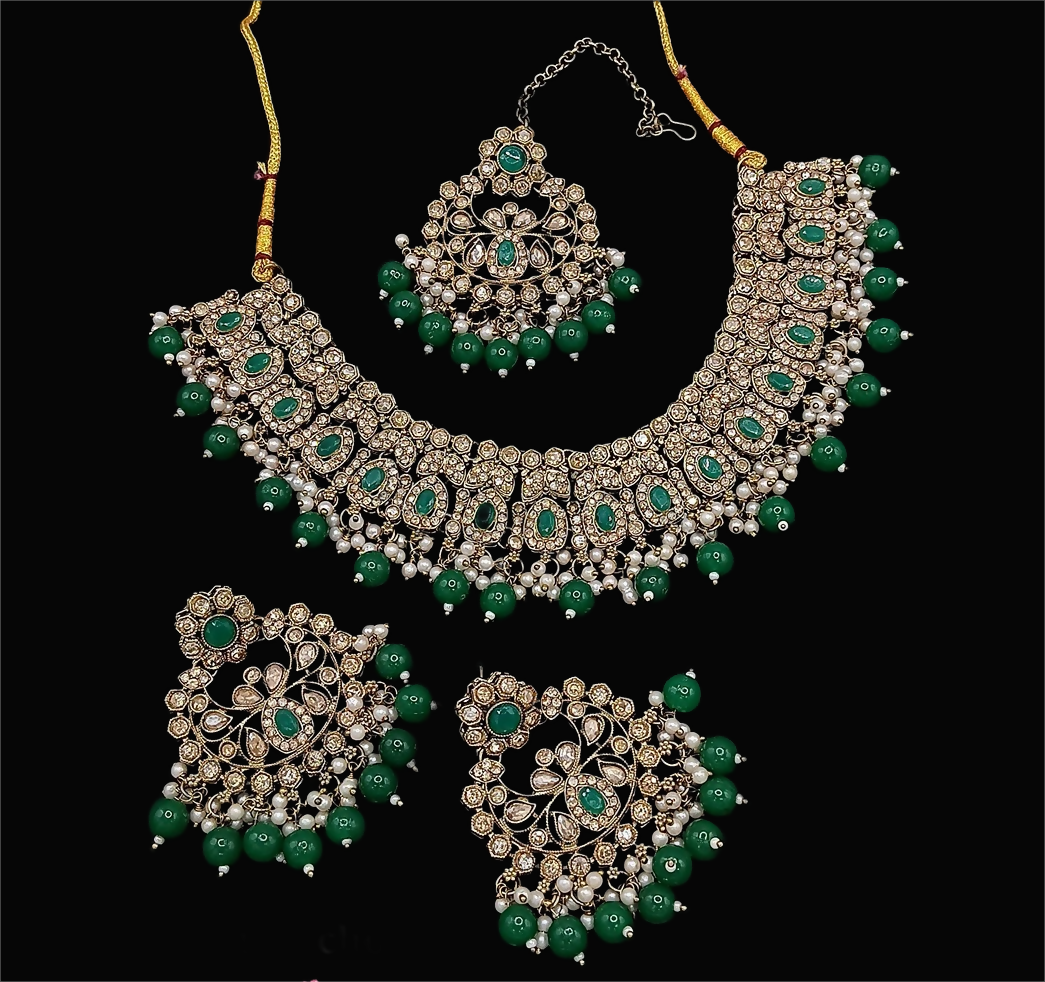 Joban Fashion Green Stone Work Necklace Set
