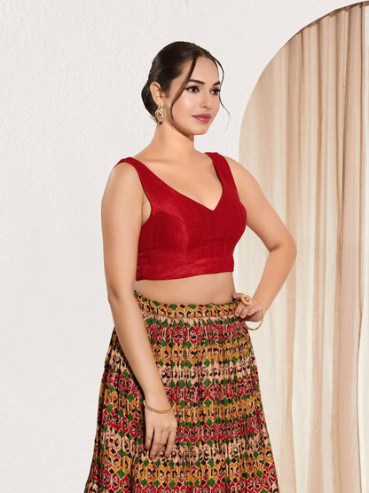 Joban Fashion Red Mulberry Silk Padded Blouse With Round Neck Sleeveless