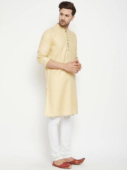 Even Apparels Beige Pure Cotton Long Men's Kurta With Band Collar