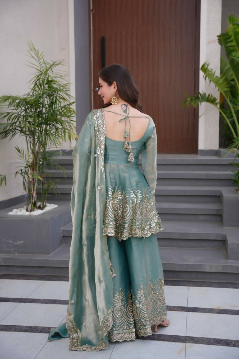 Teeya Creation Teal Color Fendy Satin Silk Embroidery Work party Wear Salwar Suit