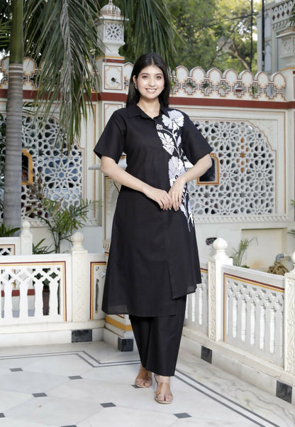 Miravan Women's Black Pure Cotton Floral Embroidered High Low Co-Ord Set