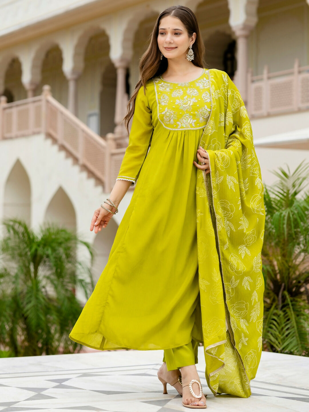 The52 Liril Women's Beautiful Embroidered work Chinon Fabric with Flared Kurta, Pant and Dupatta Set