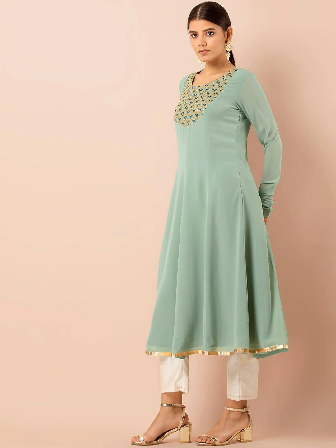 Indya Green Embroidered A-Line Kurta