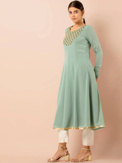 Indya Green Embroidered A-Line Kurta