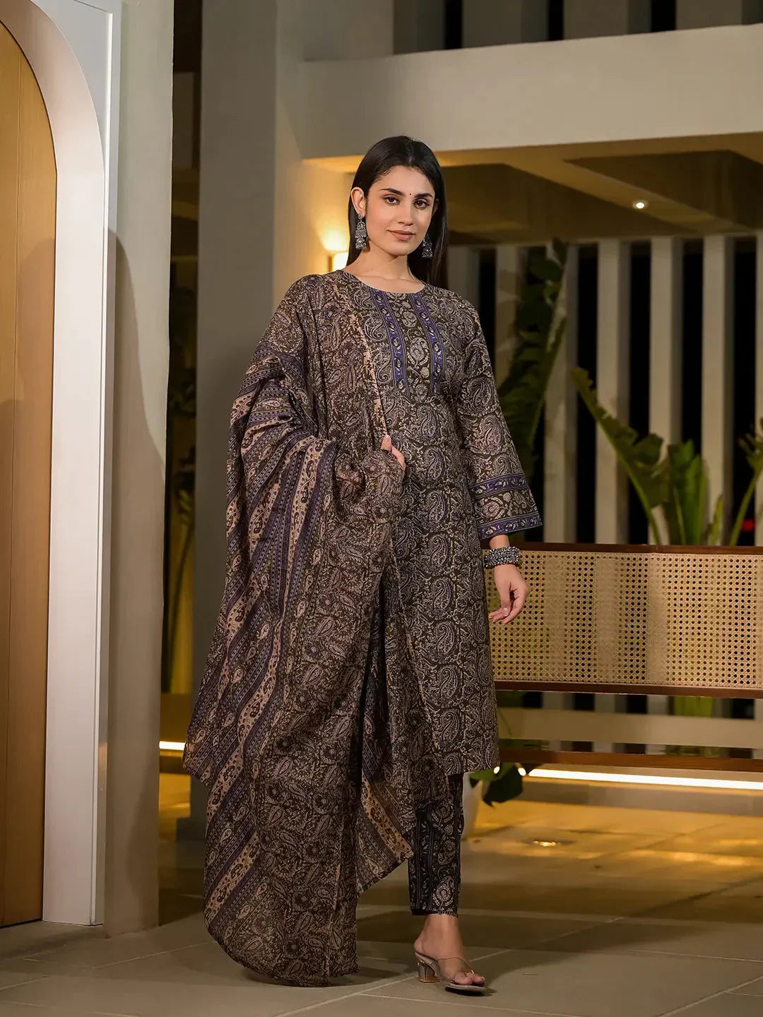 Yufta Olive Pure Cotton Paisley Print Pakistani Style Kurta And Trousers With Dupatta Set