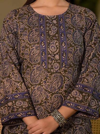 Yufta Olive Pure Cotton Paisley Print Pakistani Style Kurta And Trousers With Dupatta Set
