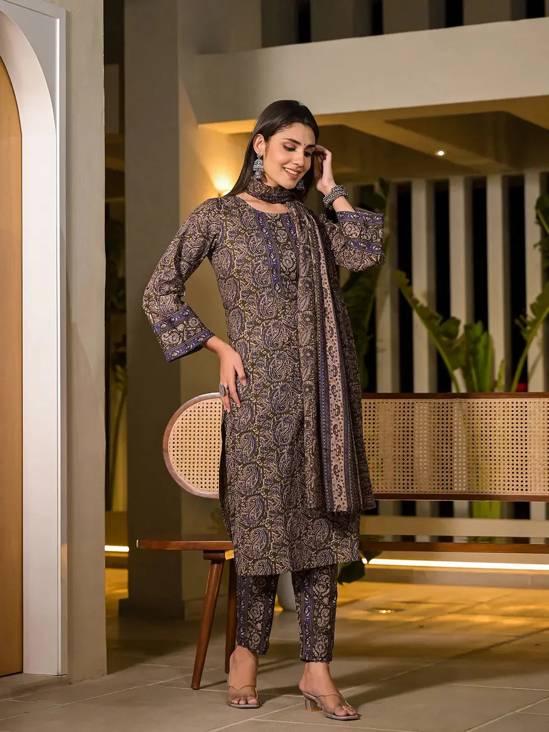 Yufta Olive Pure Cotton Paisley Print Pakistani Style Kurta And Trousers With Dupatta Set