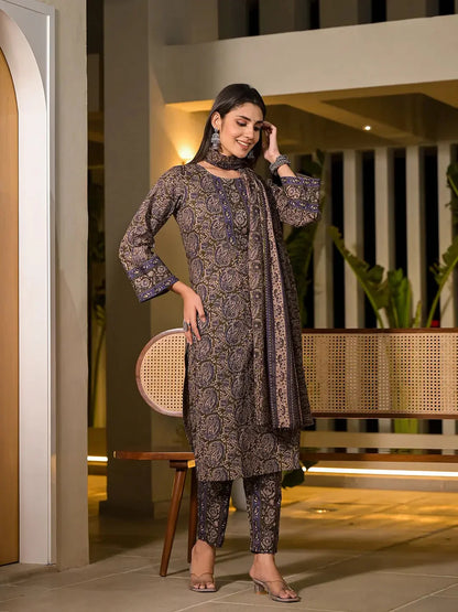 Yufta Olive Pure Cotton Paisley Print Pakistani Style Kurta And Trousers With Dupatta Set