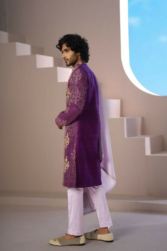 Purple Elegance Sherwani With Zardosi And Gold Embellishments by Hilo Design