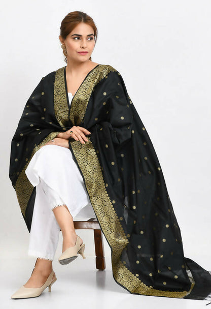 Mominos Fashion Moeza Women's Banarsi Silk Woven Design Black Dupatta