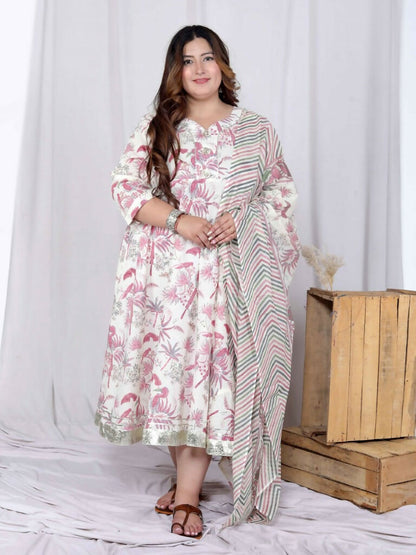 Miravan Women's Plus Size Light Pink Floral Printed and Anarkali Kurta with Dupatta