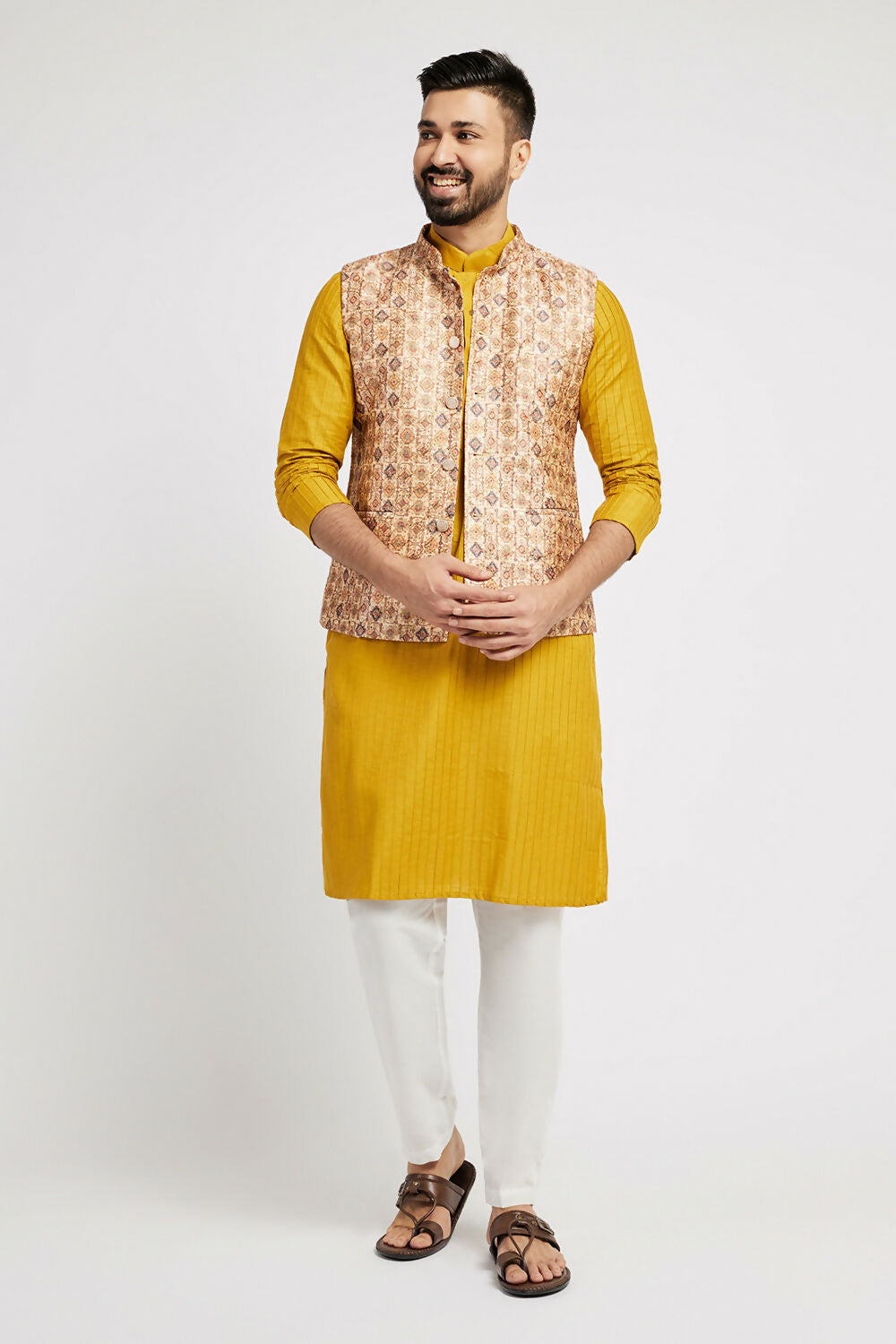 Ethnic India Cream Bundi Men's Jacket Abstract Polyester