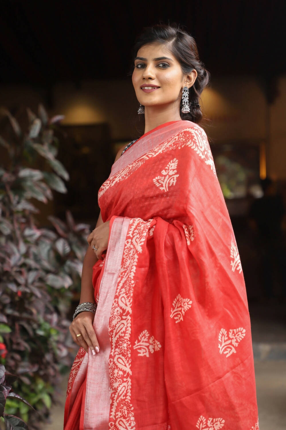 Very Much Indian Organic Linen With Handblock Printing Saree - Red