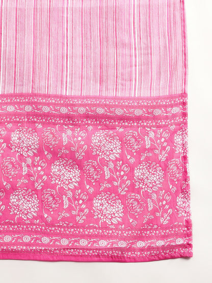Aavyora Women's Pink Floral Print Cotton A-Line Kurta with Striped Trouser & Dupatta
