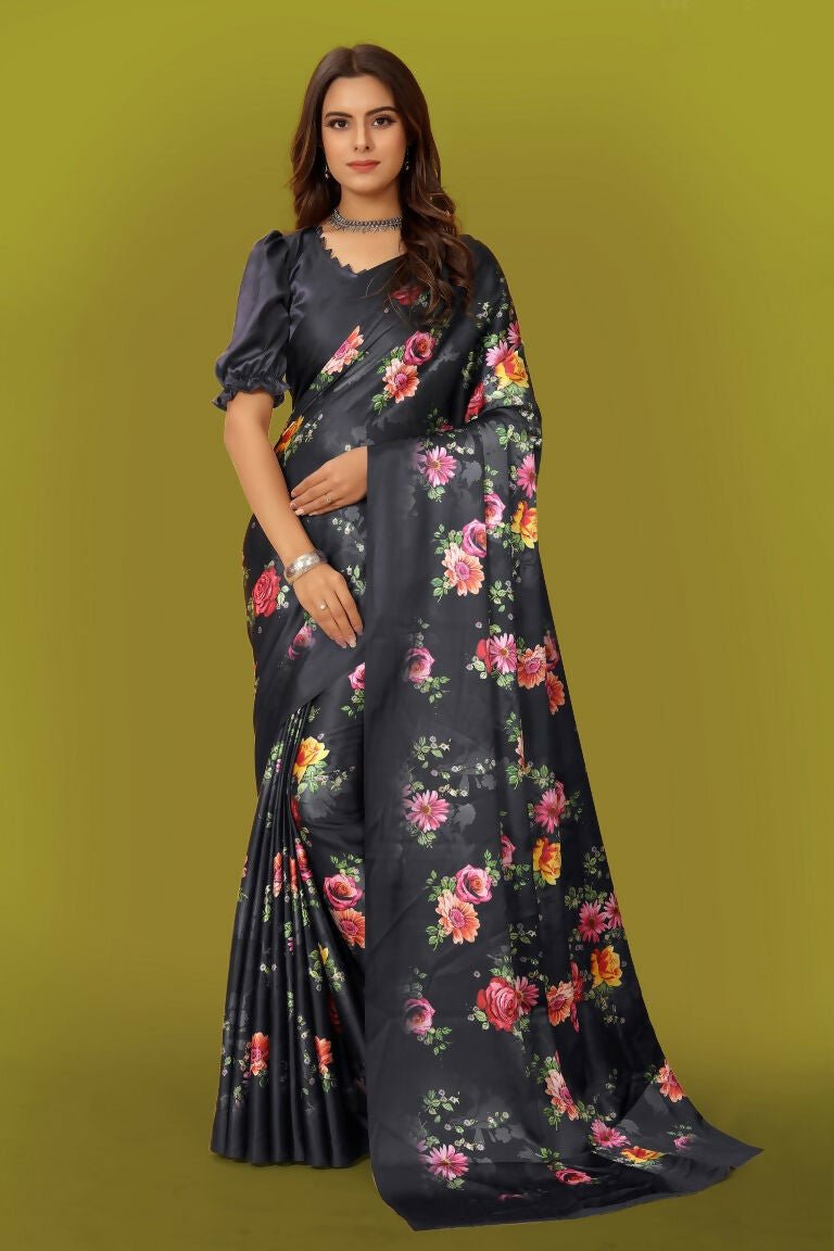 Aayaa Designer Printed Satin Saree - Multi Color