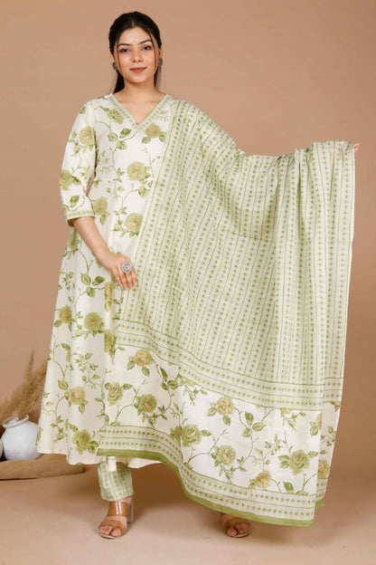 Miravan Women's Green Printed Anarkali Kurta With Palazzo And Dupatta