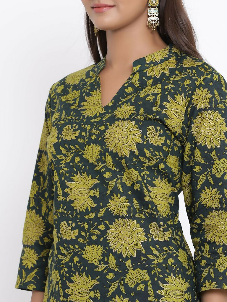 Miravan Women's Green & Yellow Floral Printed Pure Cotton Kurta With Sharara