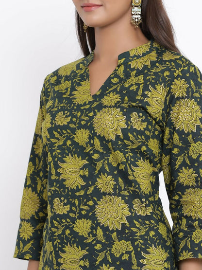 Miravan Women's Green & Yellow Floral Printed Pure Cotton Kurta With Sharara