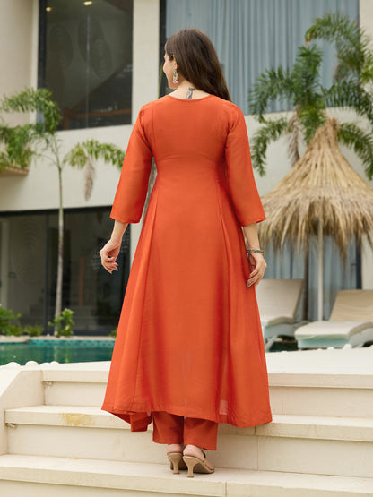The52 Women's Orange Embroidered Vichitra Silk Fabric Straight Kurta, Pant and Dupatta Set
