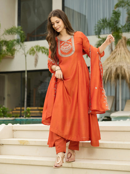 The52 Women's Orange Embroidered Vichitra Silk Fabric Straight Kurta, Pant and Dupatta Set