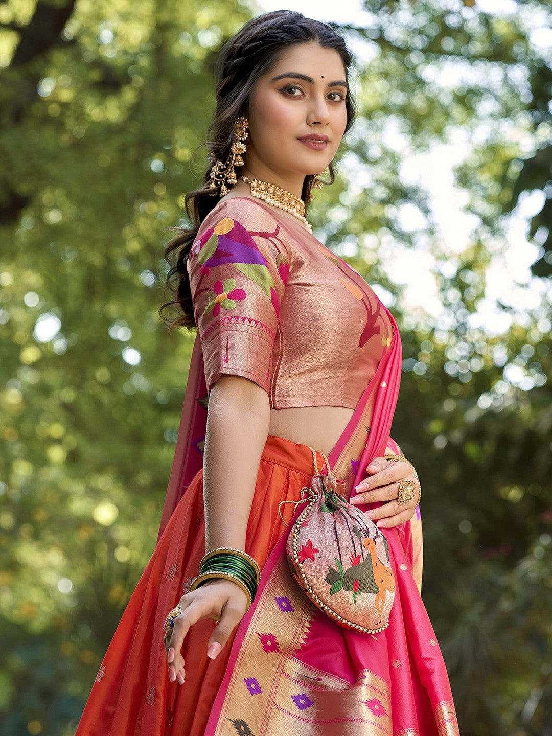 Lorenvalley Orange Jacquard Silk Paithani Weaving Zari Lehenga Choli with Dupatta