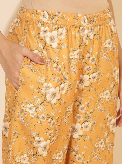 Janasya Women's Mustard Moss Floral Printed Casual Front Slit Co-ords