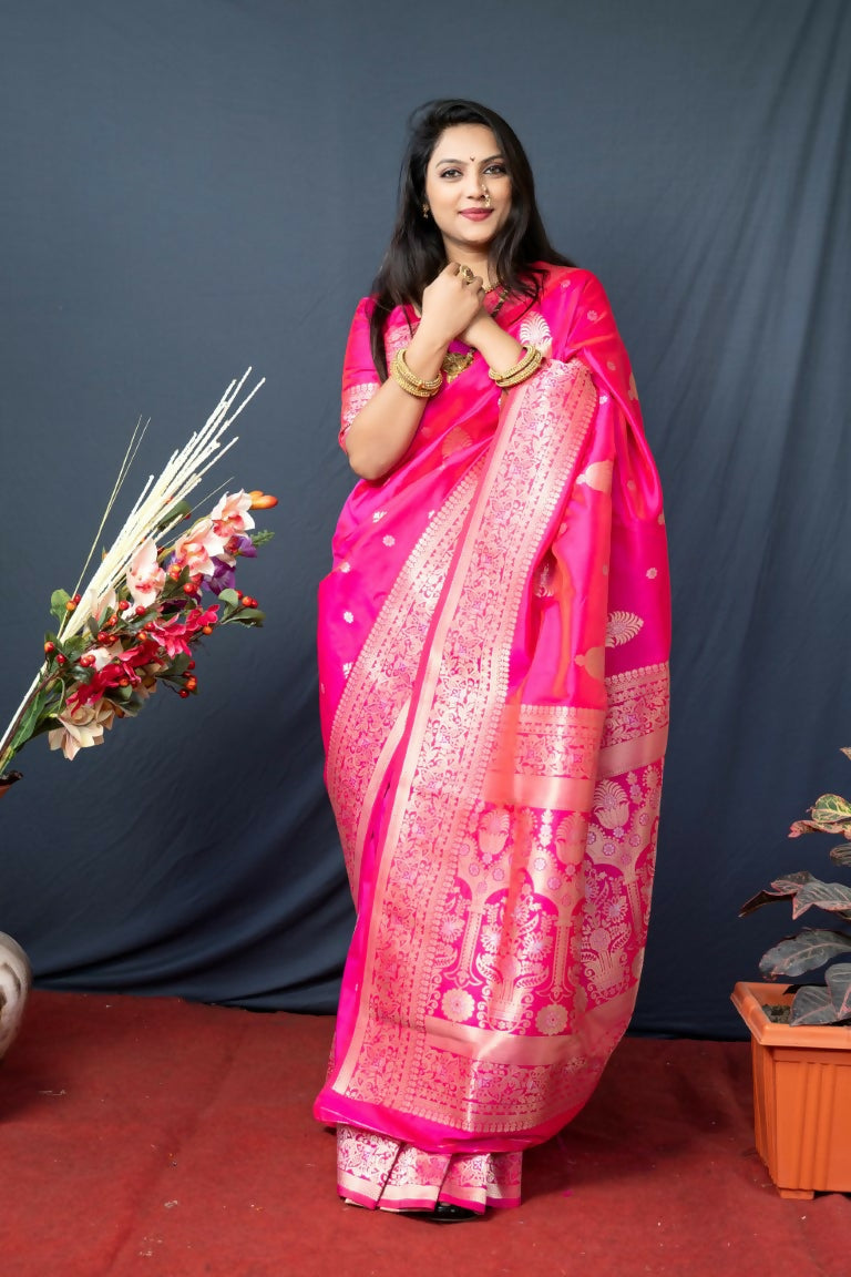 Jyoti Fashion Women's Pink Paithani Silk Zari Woven Saree with Blouse