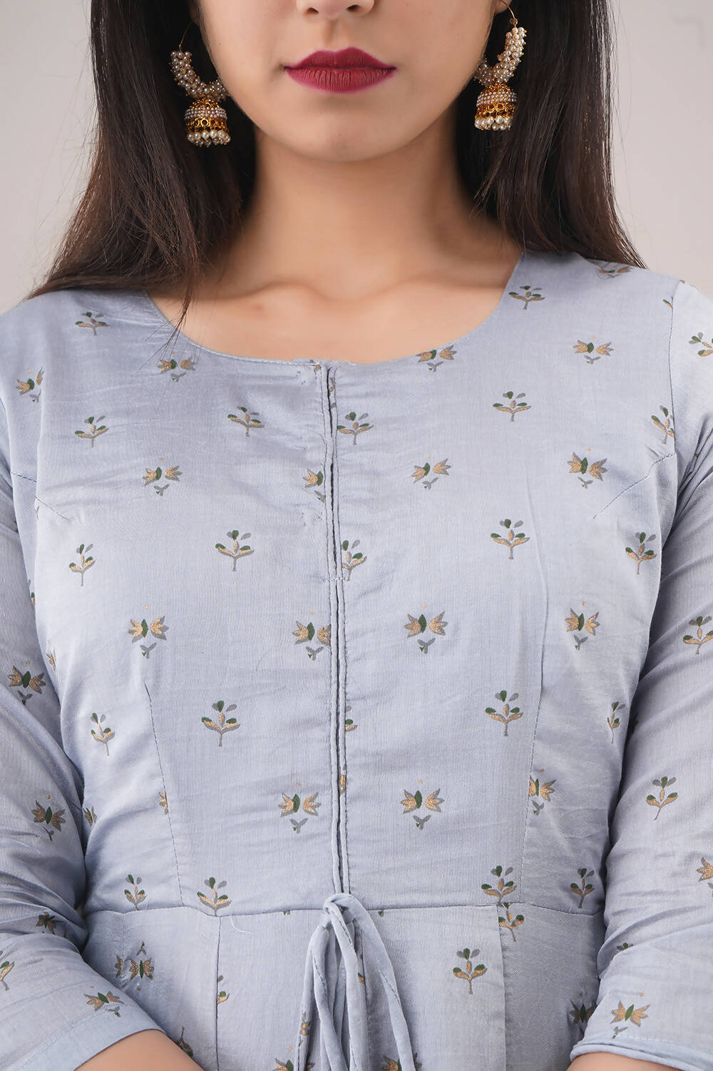 Partywear Designer Hand Screen and Foil Print Lightsteelgrey Pure chanderi Gown - Anbazaar