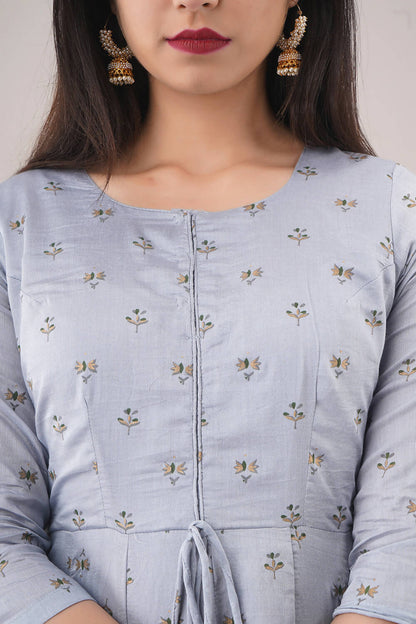 Partywear Designer Hand Screen and Foil Print Lightsteelgrey Pure chanderi Gown - Anbazaar