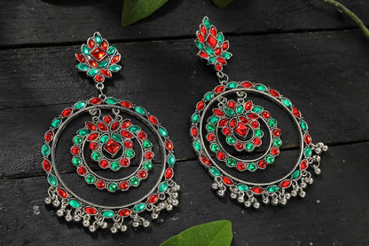 Mominos Fashion Johar Kamal Women's Red & Green Kundan Circles Earrings