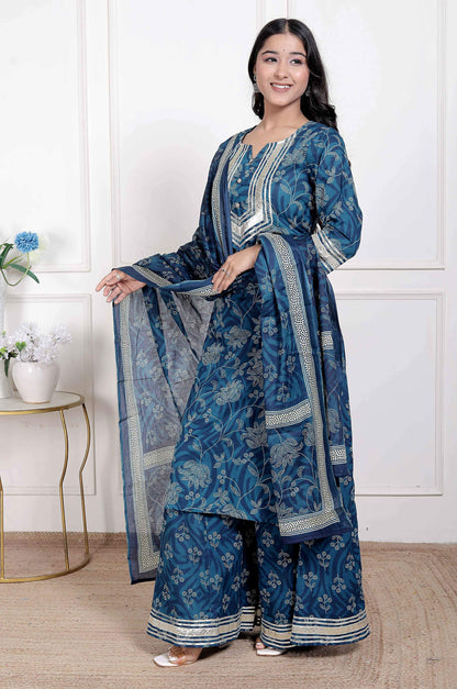 Miravan Women's Gota Patti Cotton Kurta Paired with Palazzo and Dupatta