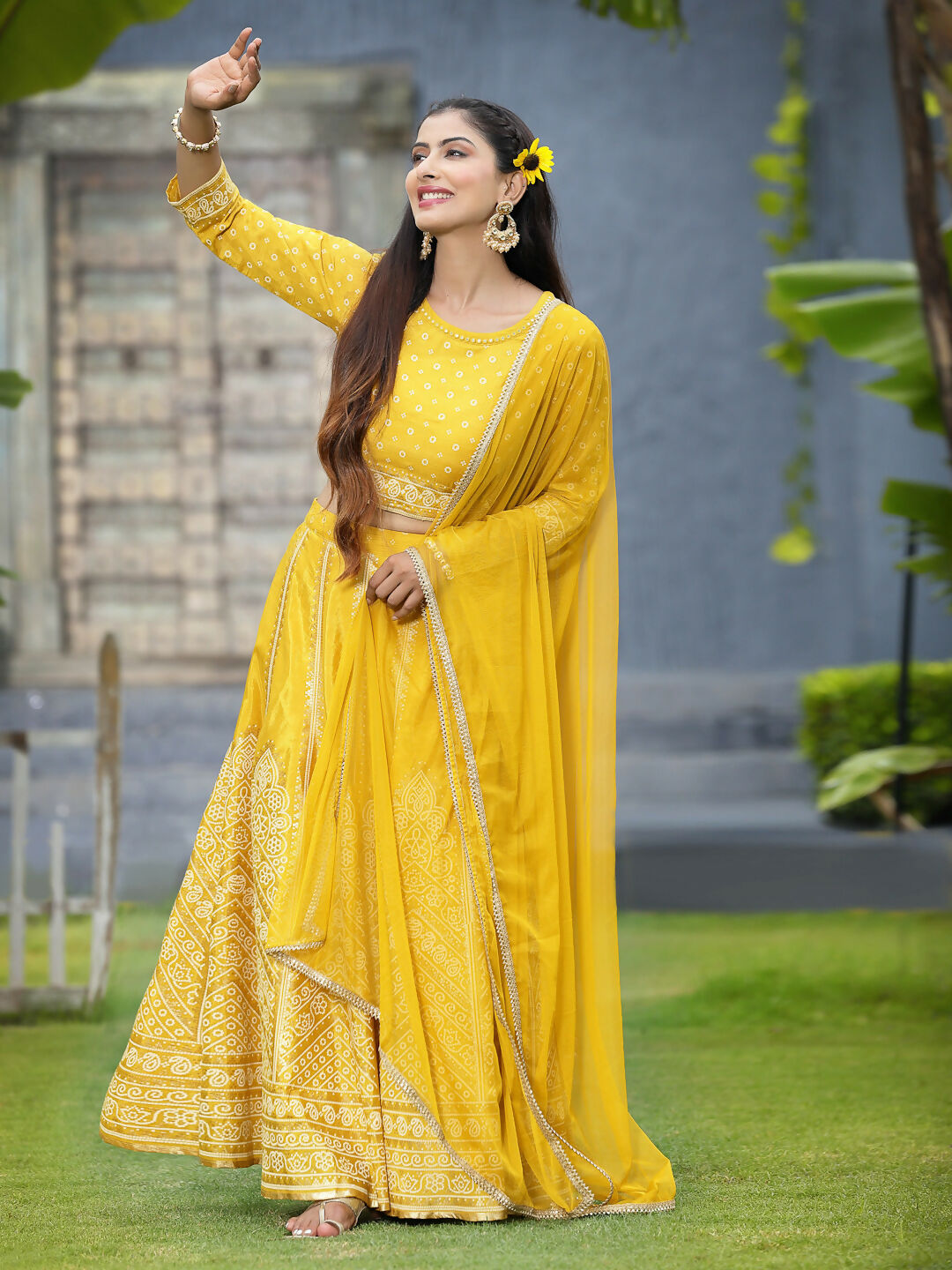 Juniper Mustard Bandhani Printed Shantoon Slub Lehenga Choli & Net Dupatta Set.