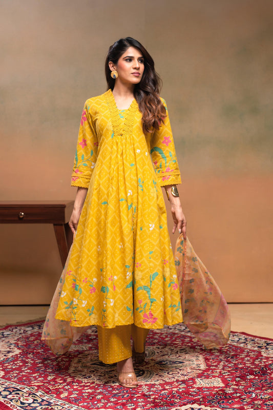 Juniper Mustard Floral Printed Cotton Kurta Set With Chiffon Dupatta