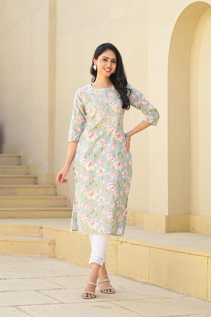 Juniper Women's Green Floral Printed Cotton Kurta With Thread Work & Buttons