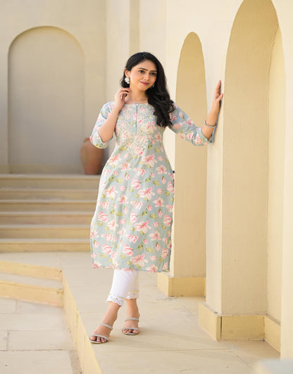 Juniper Green Floral Printed Cotton Kurta With Thread Work & Buttons