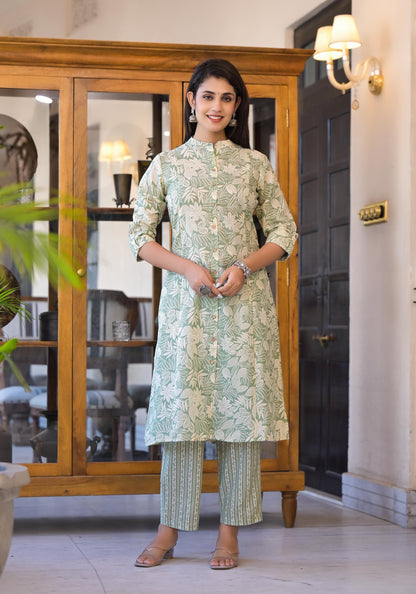Juniper Sage Green Floral Printed Straight Kurta Set