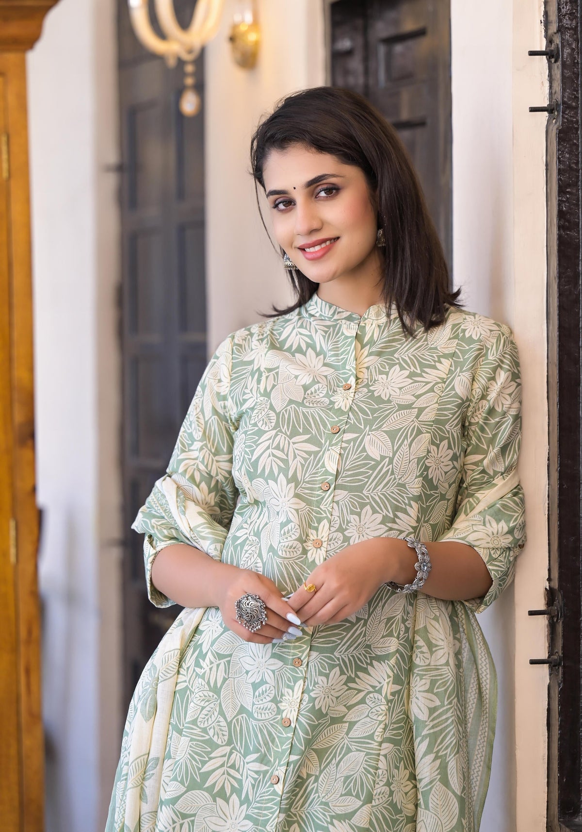 Juniper Sage Green Floral Printed Straight Kurta Set