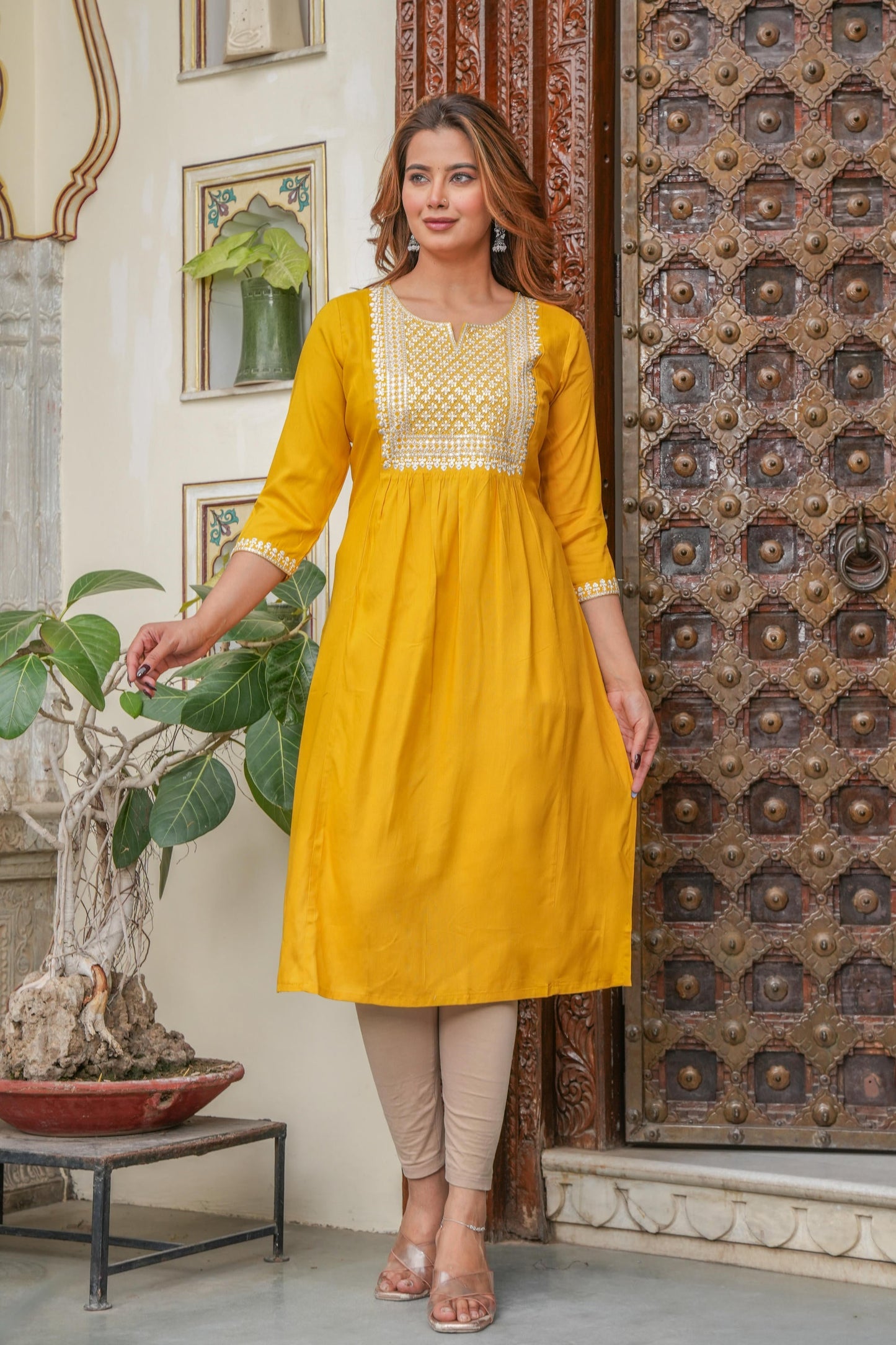 Juniper Mustard Viscose Embroidered Kurta With Thread Work And Sequins