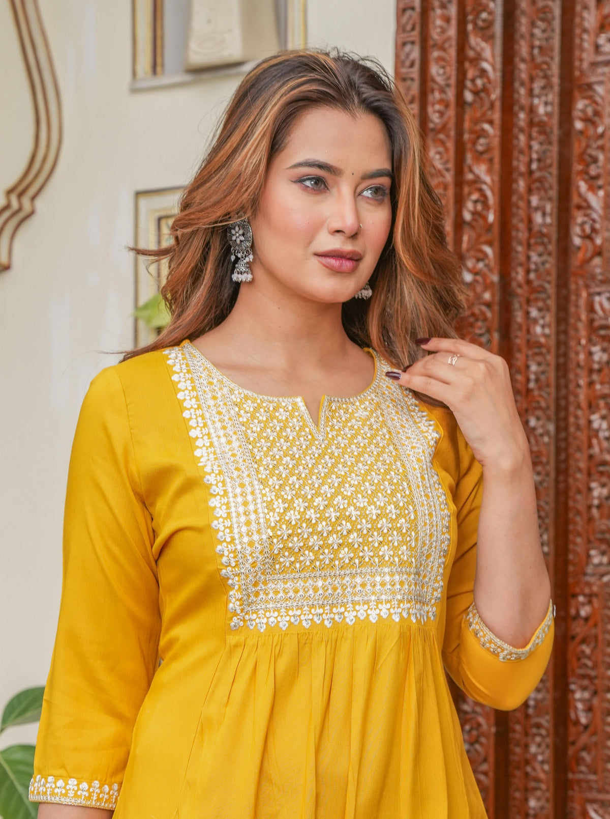 Juniper Mustard Viscose Embroidered Kurta With Thread Work And Sequins