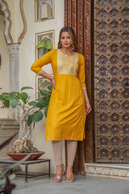 Juniper Mustard Viscose Embroidered Kurta With Thread Work And Sequins