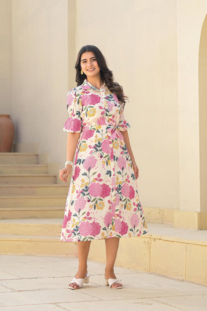 Juniper Pink Floral Printed Cotton Long Dress With Belt
