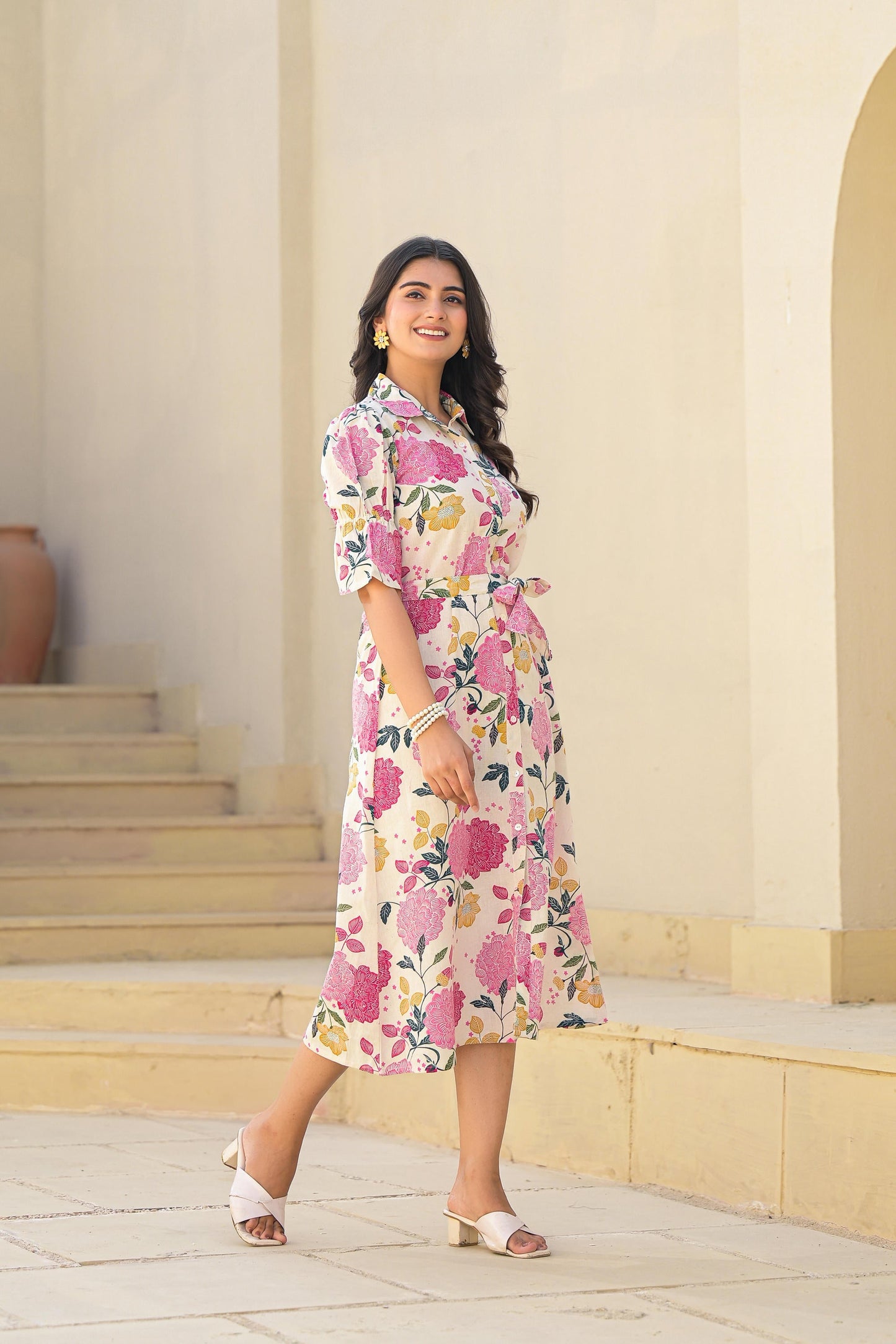 Juniper Women's Pink Floral Printed Cotton Long Dress With Belt