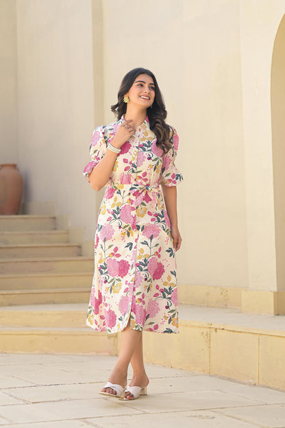 Juniper Women's Pink Floral Printed Cotton Long Dress With Belt