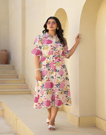 Juniper Women's Pink Floral Printed Cotton Long Dress With Belt