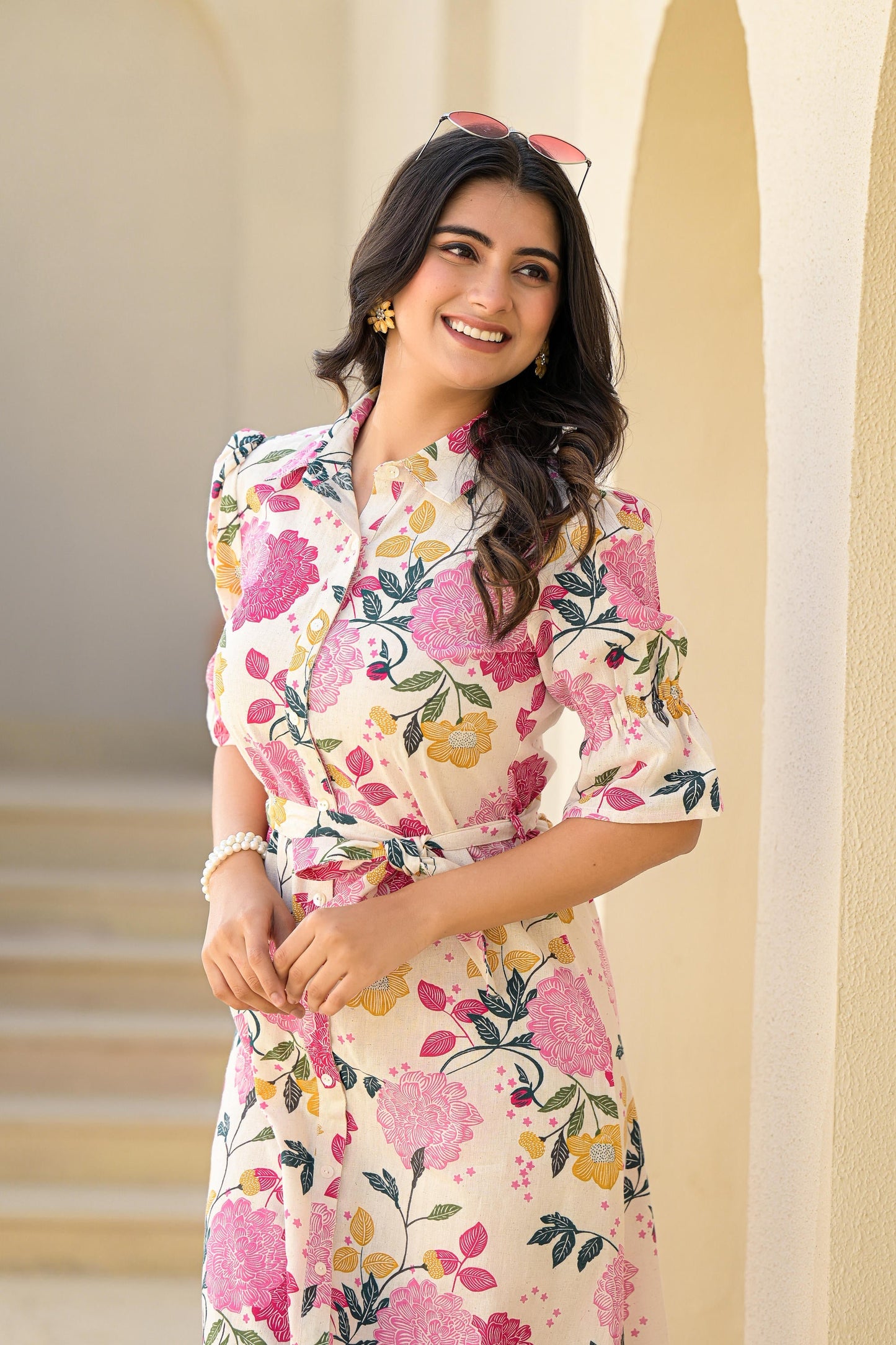 Juniper Women's Pink Floral Printed Cotton Long Dress With Belt