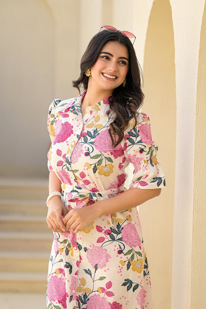Juniper Women's Pink Floral Printed Cotton Long Dress With Belt