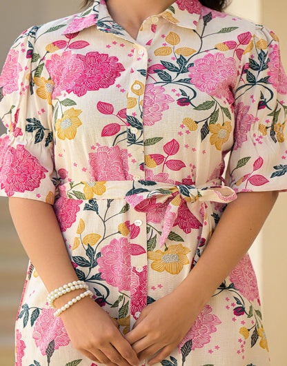 Juniper Women's Pink Floral Printed Cotton Long Dress With Belt