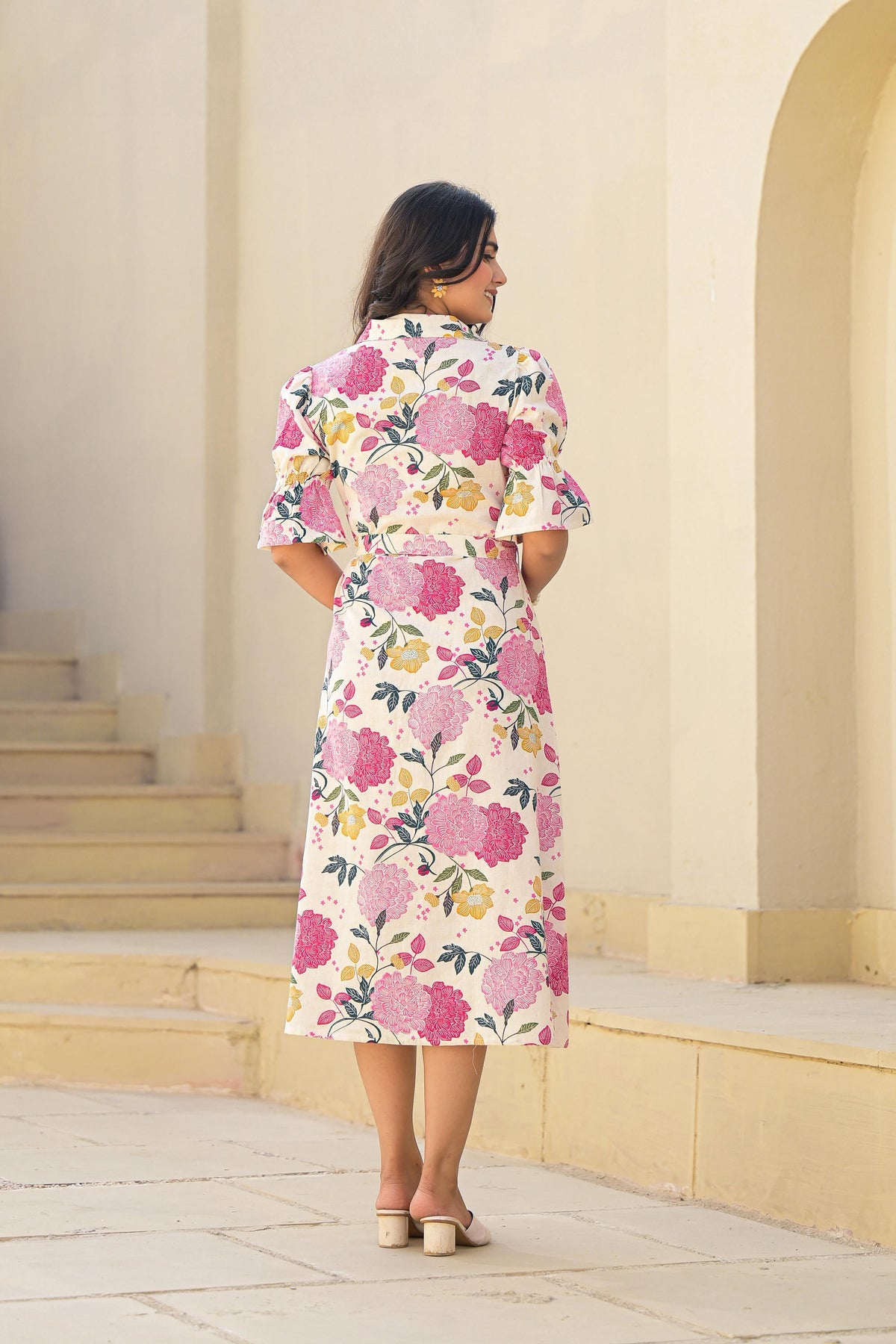 Juniper Pink Floral Printed Cotton Long Dress With Belt