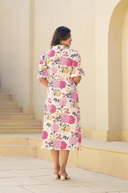 Juniper Pink Floral Printed Cotton Long Dress With Belt