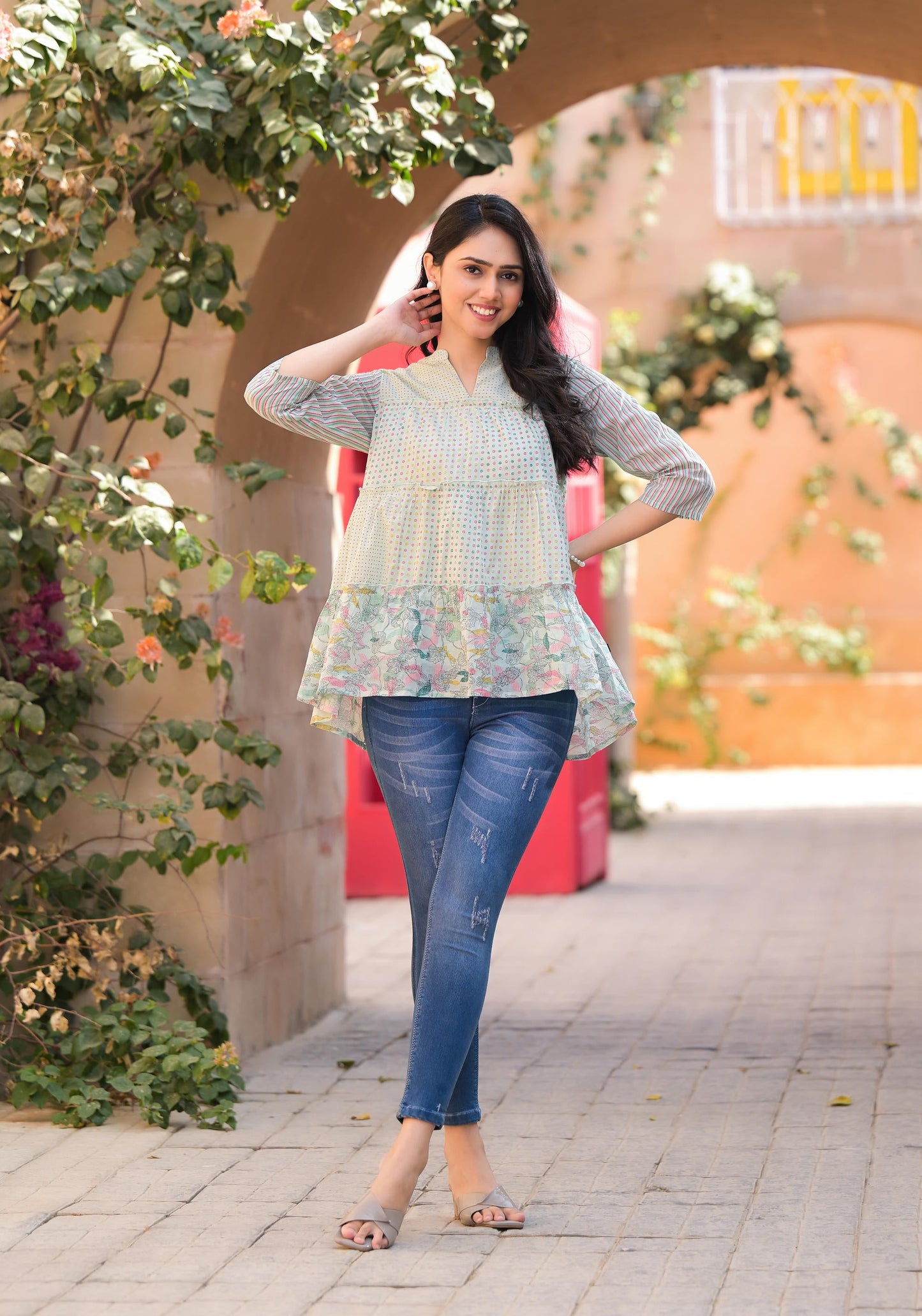 Juniper Women's Pista Green Floral Printed Cotton Gathered Tunic
